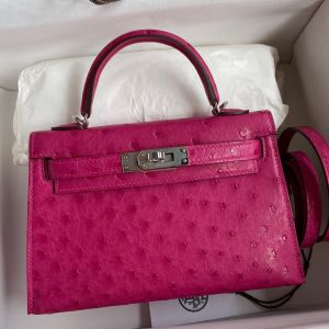 Hermes Mini Kelly II Sellier Handmade Bag in Rose Tyrien Ostrich Leather